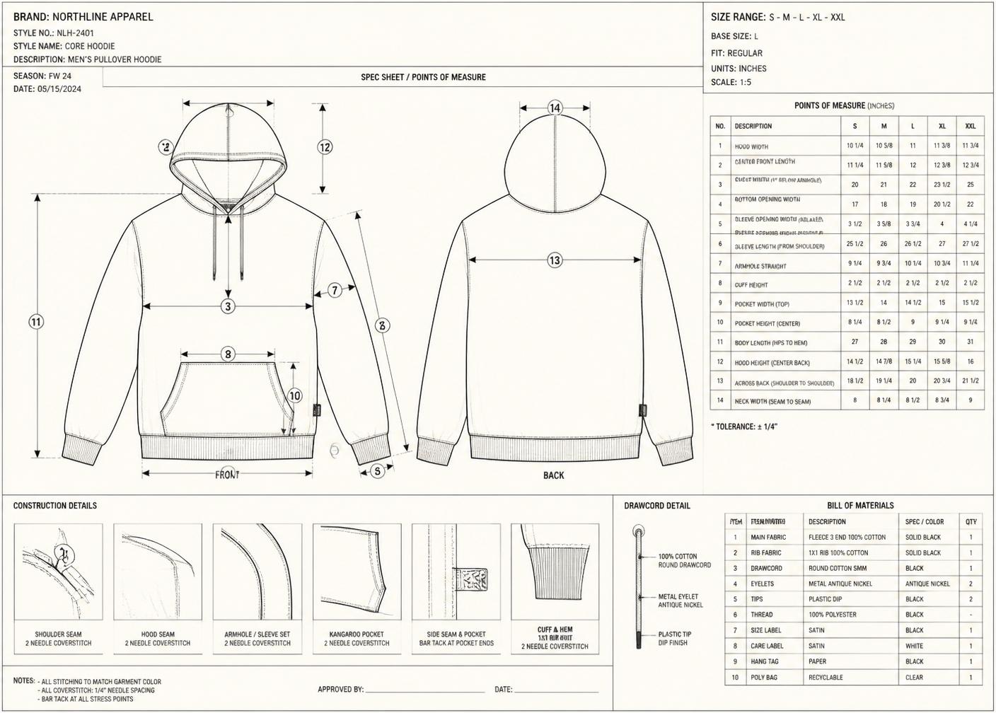 Sample apparel tech pack — spec sheet, points of measure and bill of materials