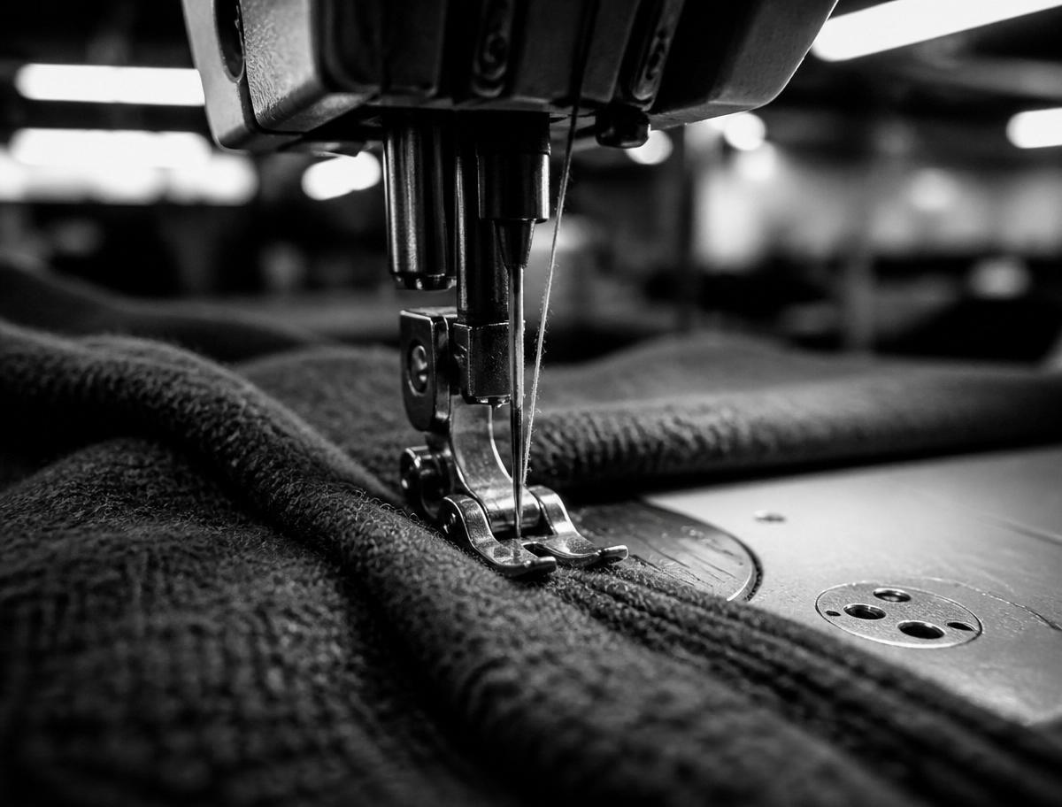 Industrial sewing machine stitching heavyweight fleece — close-up